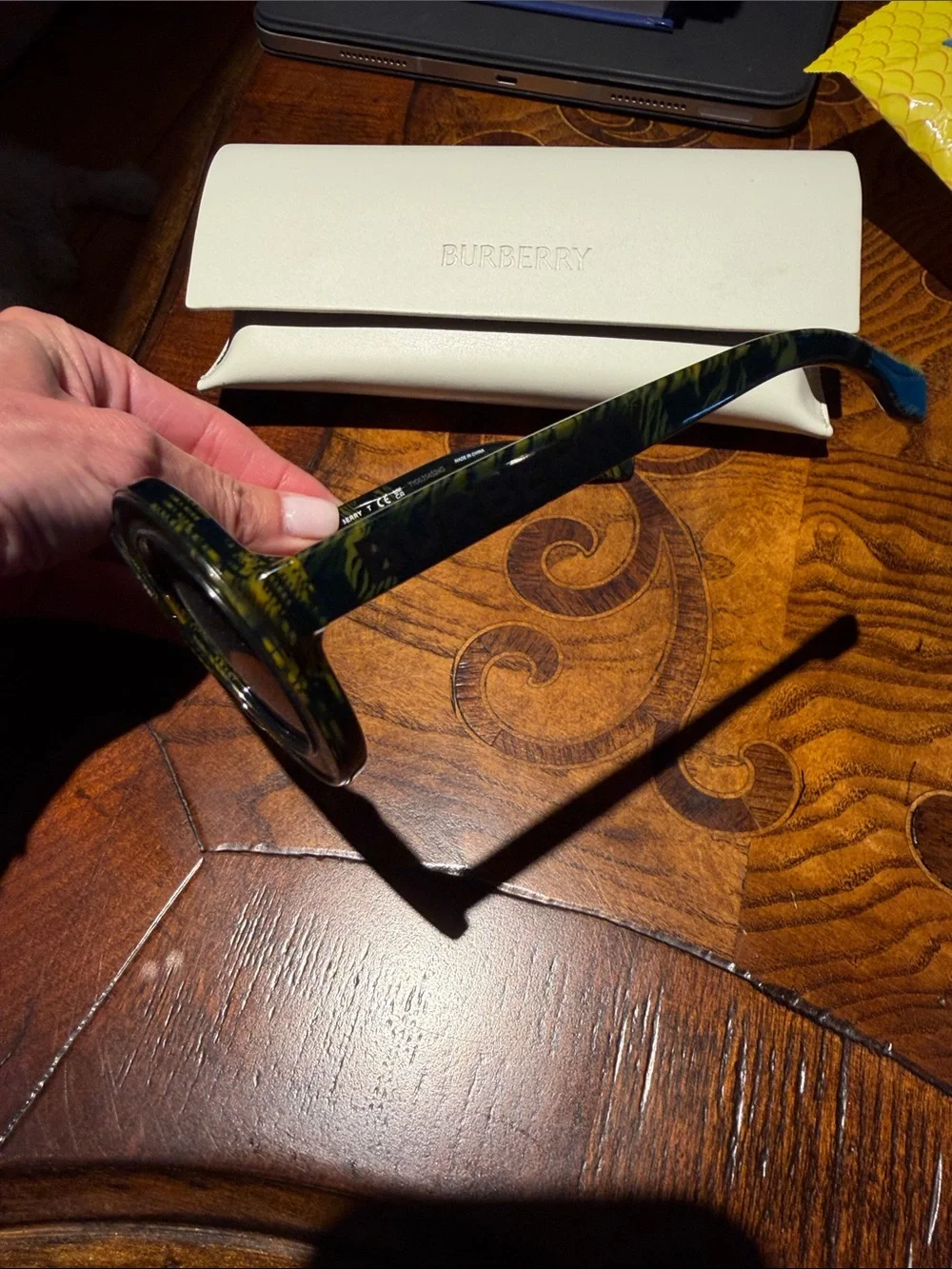 Burberry Round Plaid Sunglasses in Black and Olive Green
